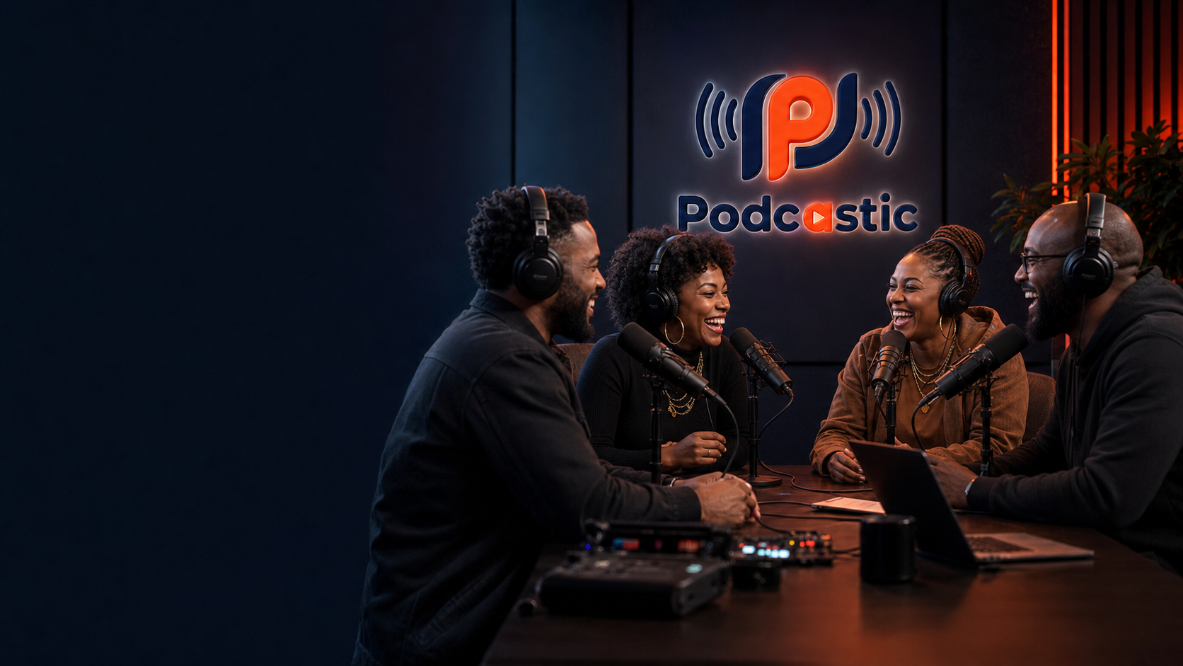 Four African American podcast hosts recording together in the Podcastic studio